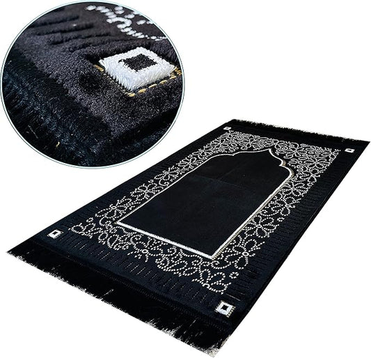 AGASMART Mihrab Patterned Original Luxury Velvet Prayer Mat/Rug- 750g Weight | Made in Turkey (Black)